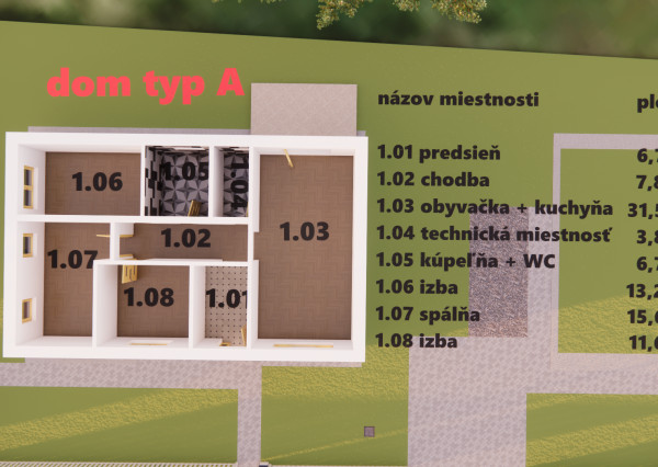Na predaj 4-izbový bungalov TYP DOMU A  v obci Jelka